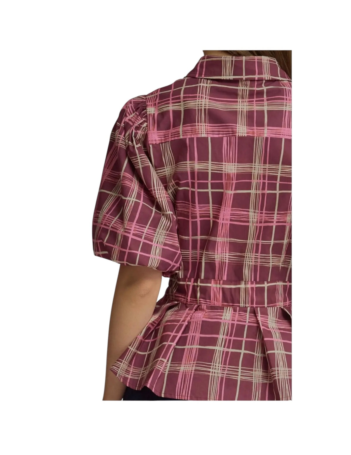Plum Plaid Tie Waist Top