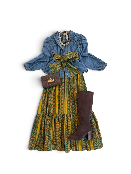 Uptown Maxi Skirt in Citron Stripe w/ Belt