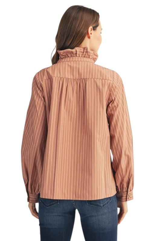 Ruffle Blouse in Taupe & Pink Stripe