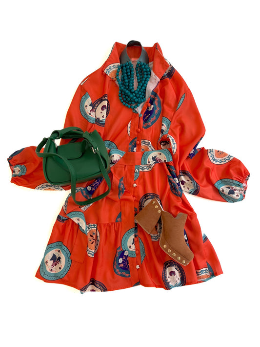 Orange Plates Shirt Dress