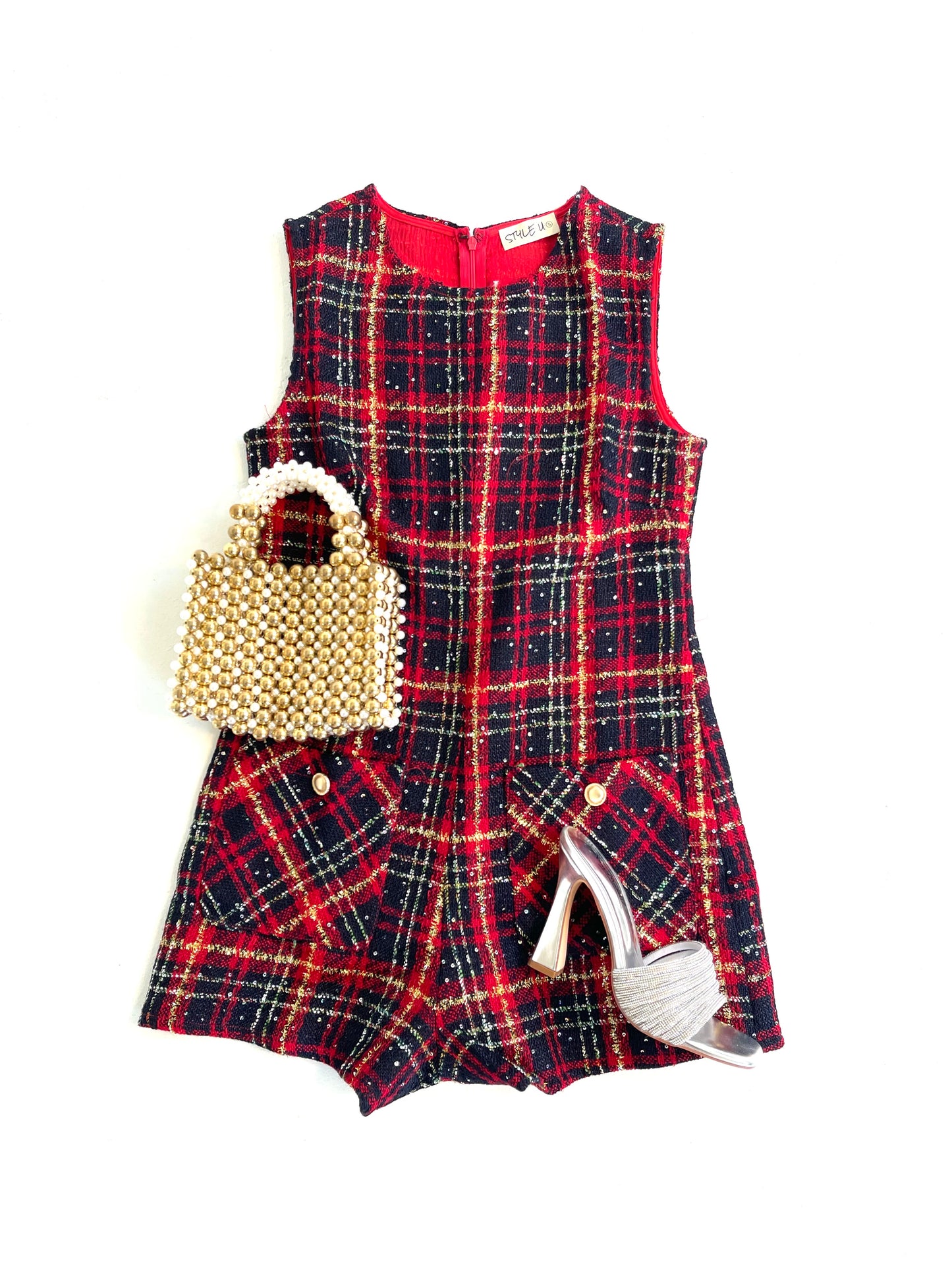 Plaid Tweed Romper in Red