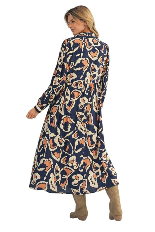 Navy & Orange Abstract Florals Midi