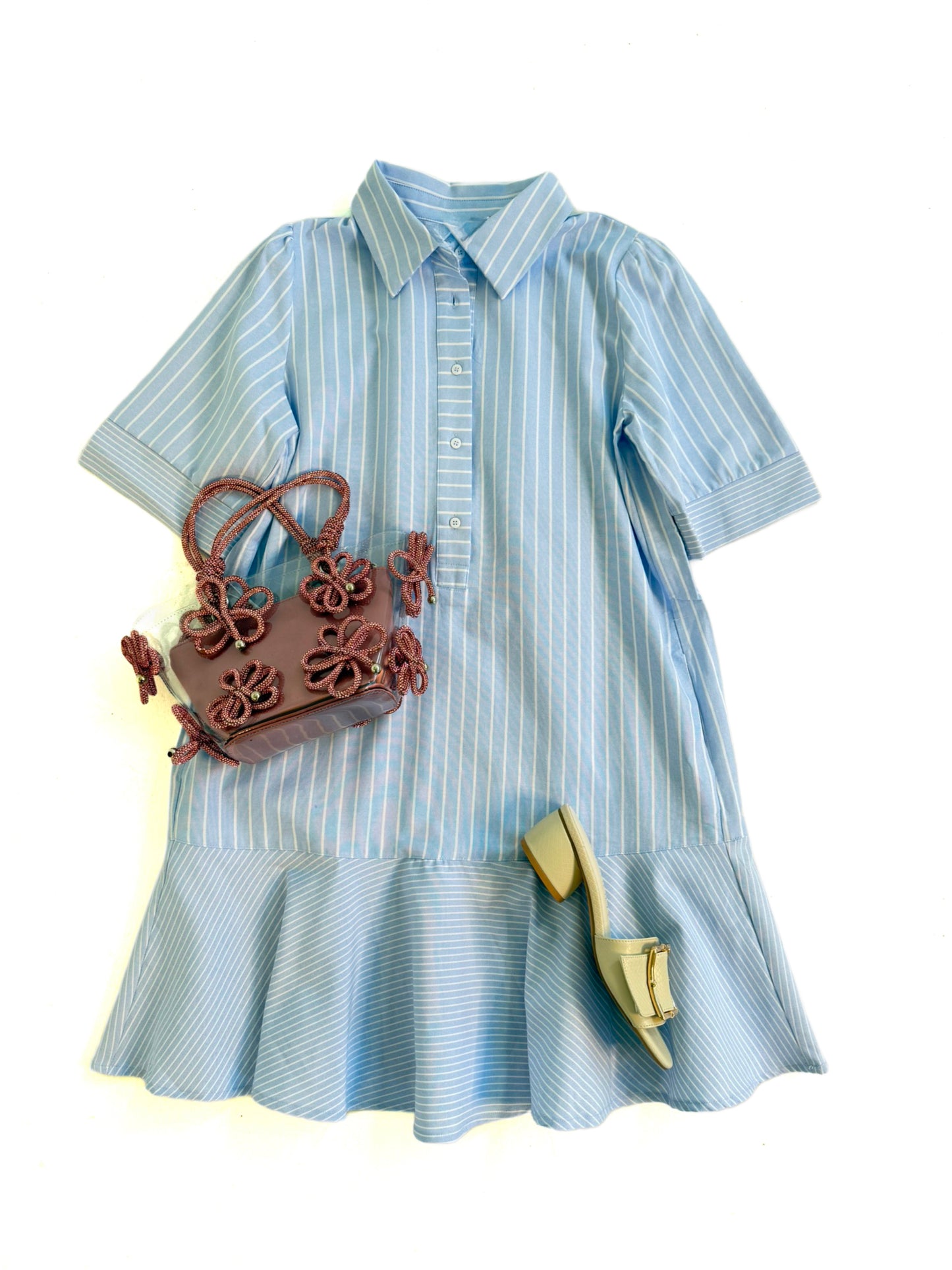 Mixed Stripes Shirt Dress in Blue