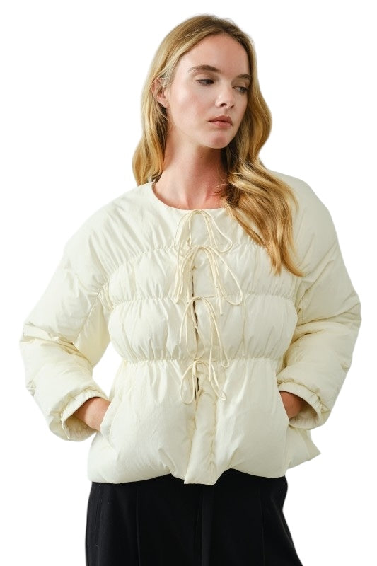 Tie Front Puffer Jacket- 2 Colors