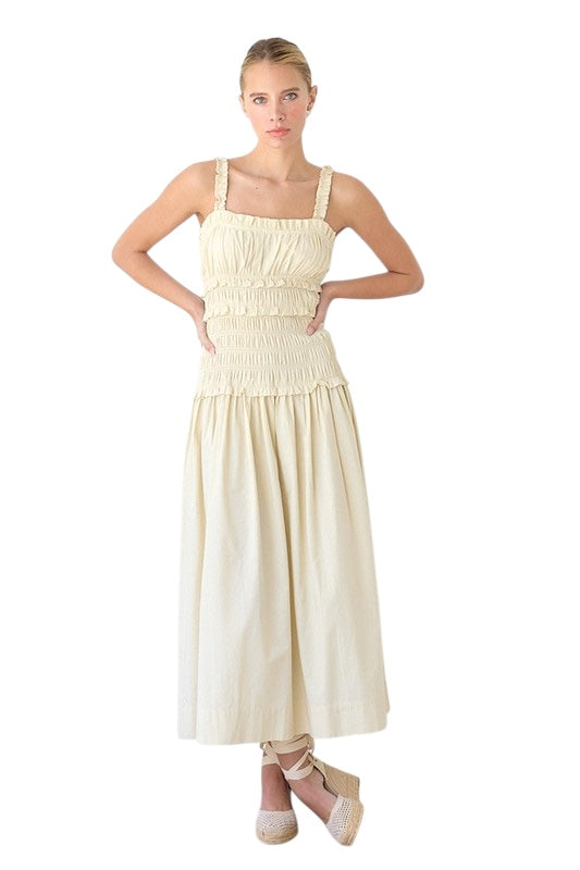 Smocked Poplin Midi in Cream