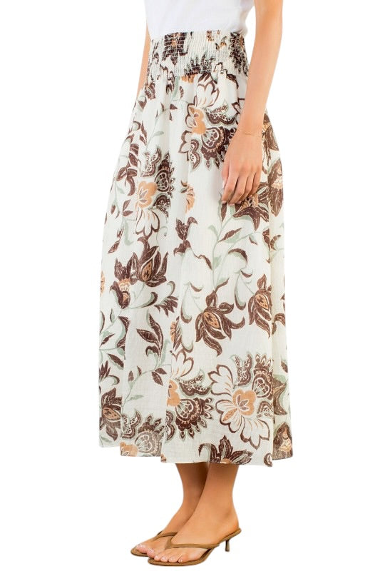 Smocked Chestnut & Ivory Midi Skirt