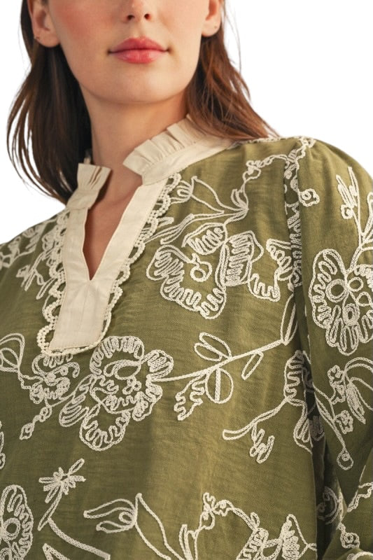 Olive Embroidered Florals Top