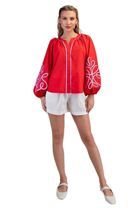 Soutache Puff Sleeve Blouse- 2 colors