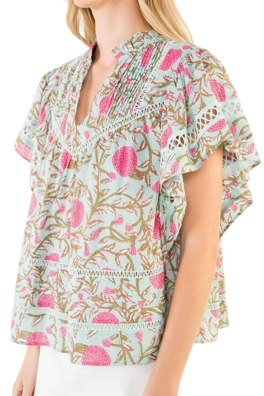 Mint & Pink Flutter Sleeve Top