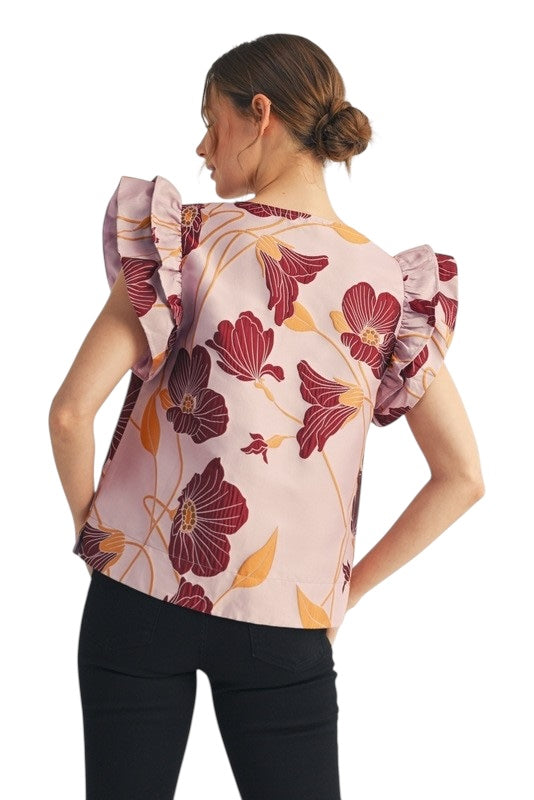 Floral Jacquard Flutter Top - 2 Colors