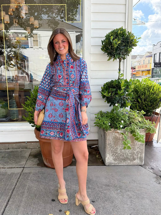State Street Mini in Red & Blue Floral Vine