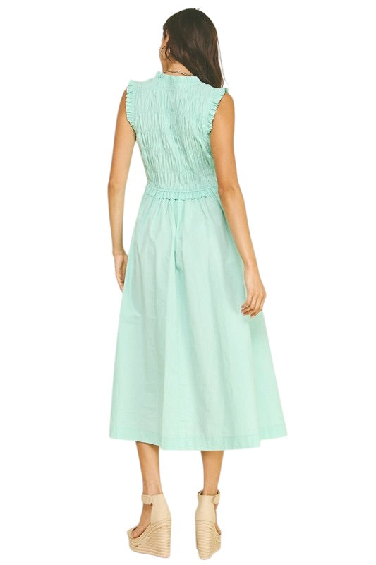 Smocked Tie Front Midi in Aqua