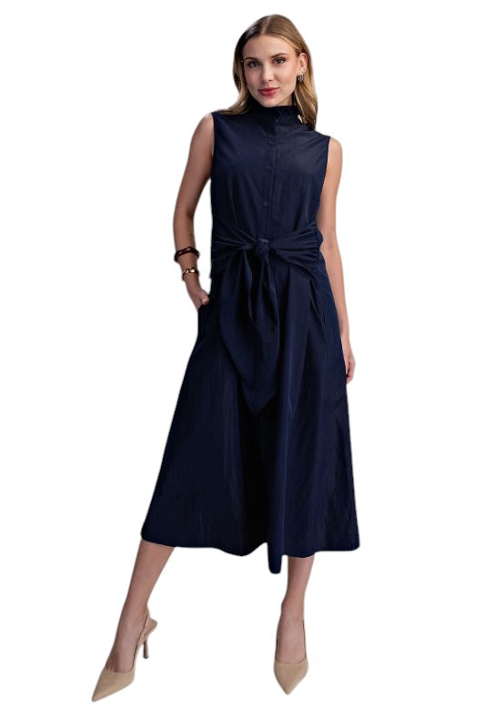 Navy Tie Waist Midi Dress