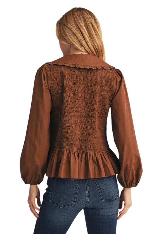 Smocked Peplum Top in Brown
