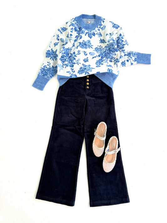 Floral Toile Sweater in Blue