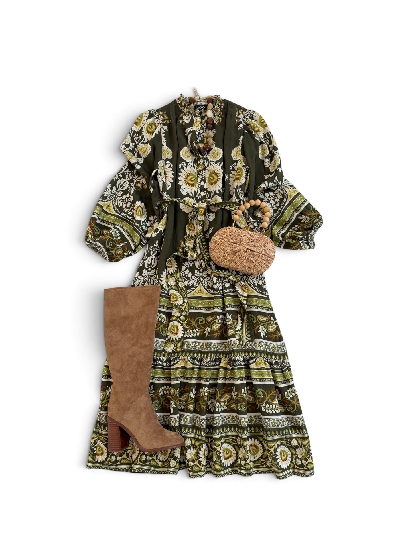 Olive Peasant Sleeve Midi