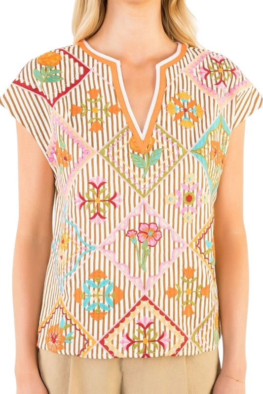 Brown Stripe Embroidery Top
