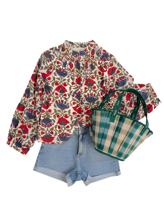 Brooke Top in Red & Blue Blockprint