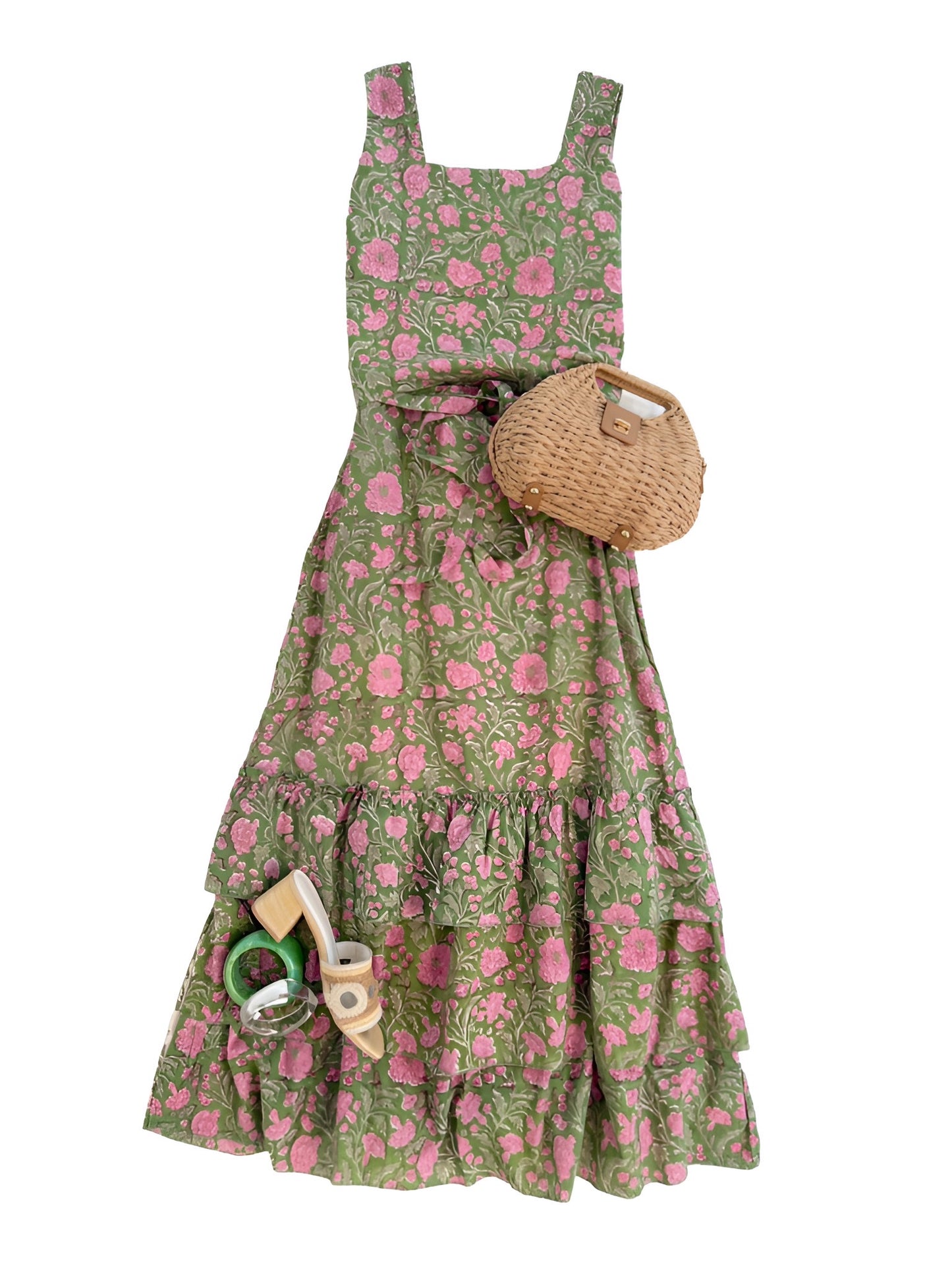 Square Neck Top in Pink & Green Block Print