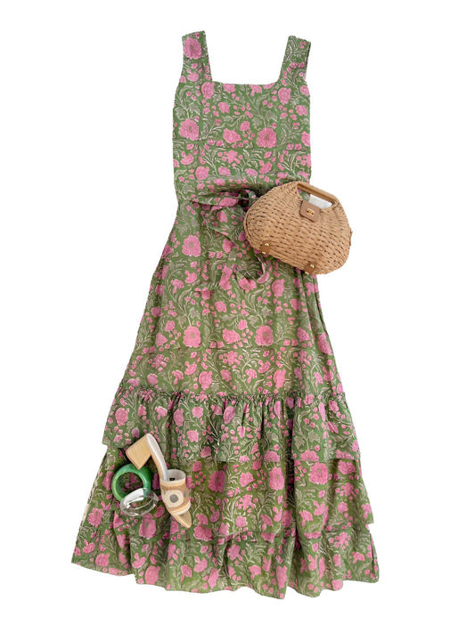 Square Neck Top in Pink & Green Block Print