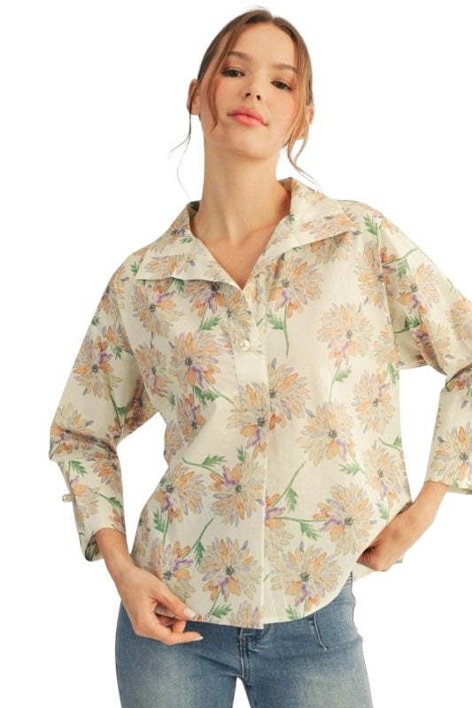 Pearl Button Floral Top- 2 Colors