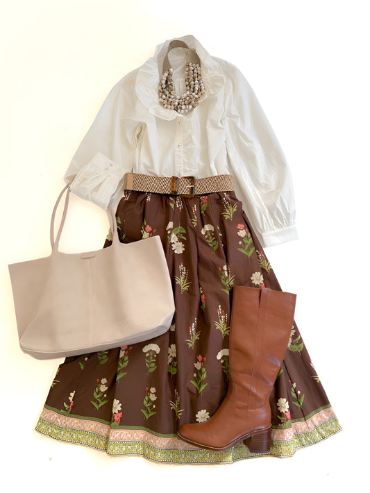 Chocolate Mixed Florals Midi Skirt