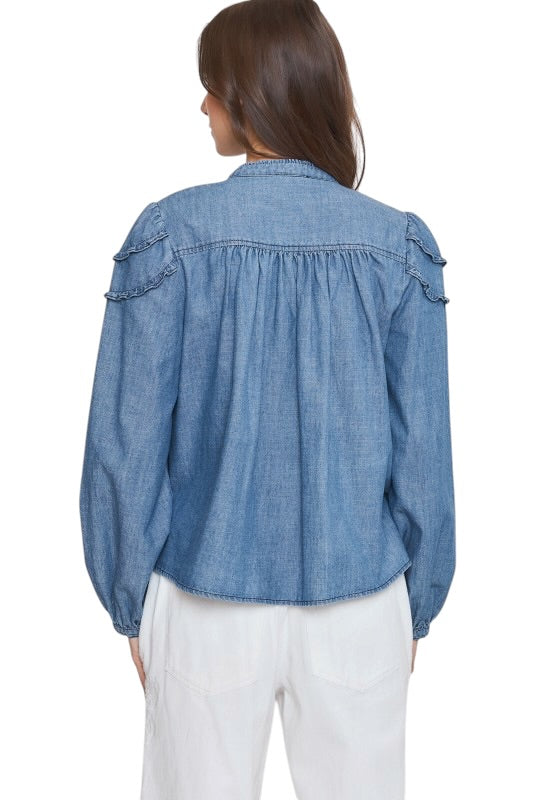 Ruffle Shoulder Denim Blouse