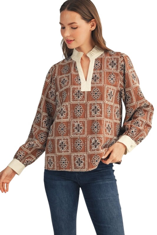 Mocha Embroidered Squares Top