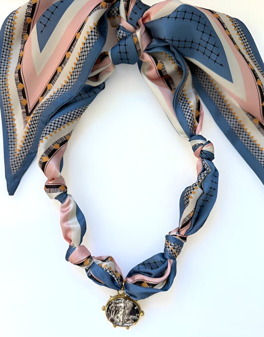 Blush & Blue Scarf Necklace w/ Coin Pendant