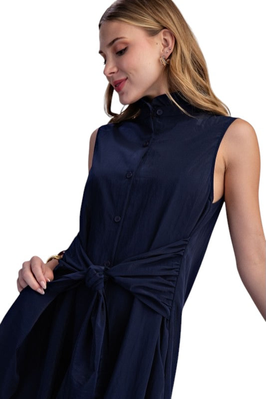Navy Tie Waist Midi Dress