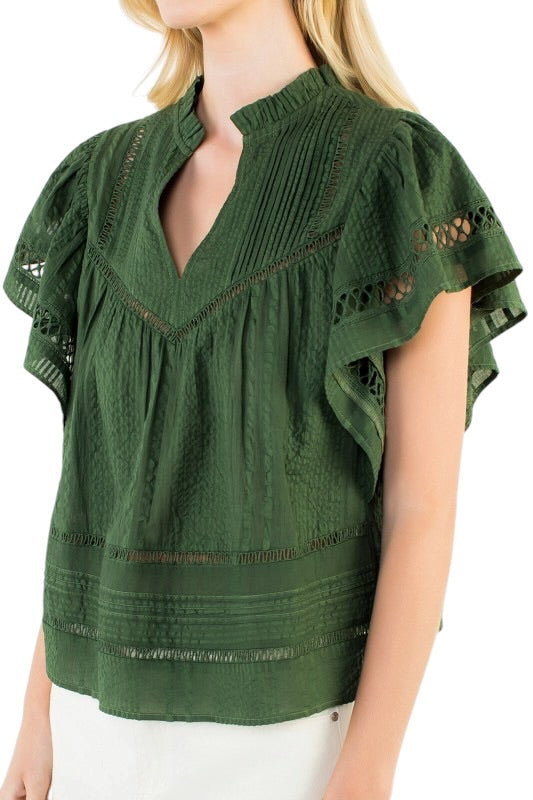 Flutter Sleeve Pintuck Top in Olive