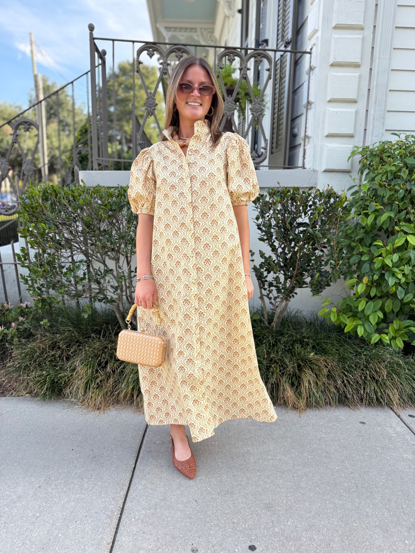 Ruffle Collar Shirt Dress in Sage & Terracotta