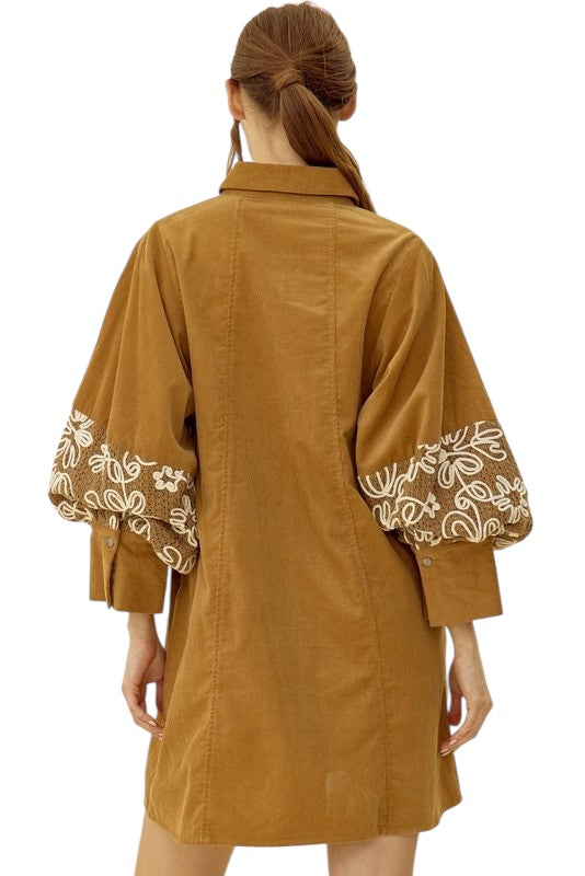 Camel Embroidered Shirt Dress
