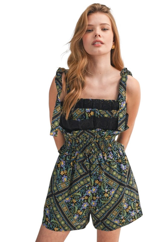 Floral & Eyelet Tie Shoulder Romper