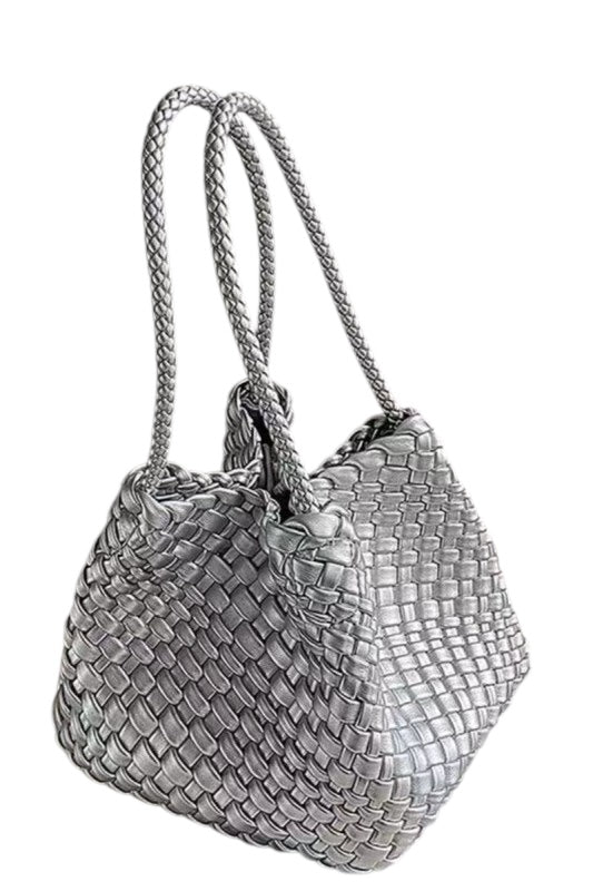 Woven Silver Top Handle Tote
