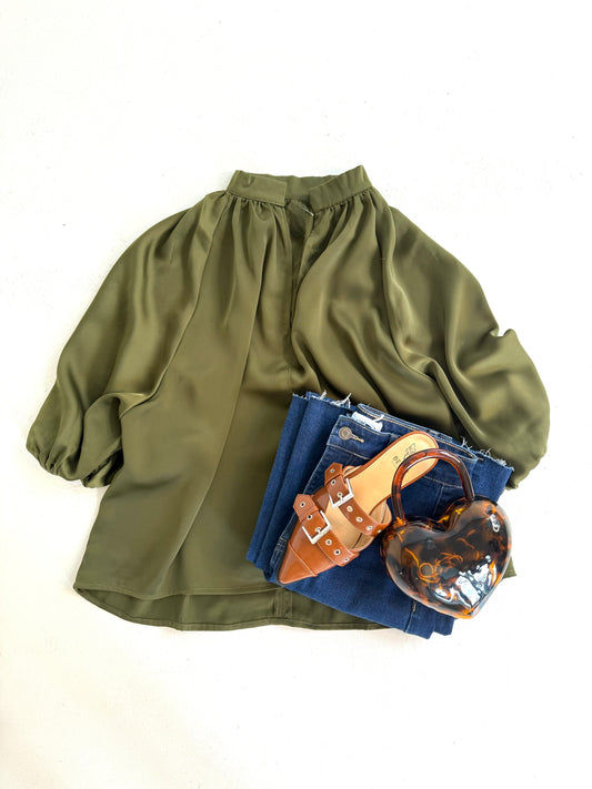 Split Neck Blouse in Olive