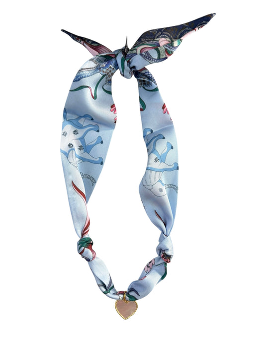 Blue Safari Scarf Necklace w/ Mother of Pearl Heart