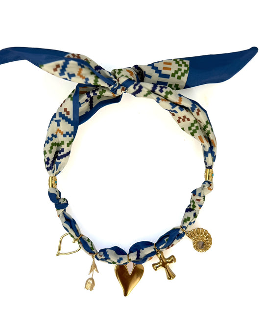 Navy Quilt Scarf Necklace w/ 5 Charms & Turquoise Spacers