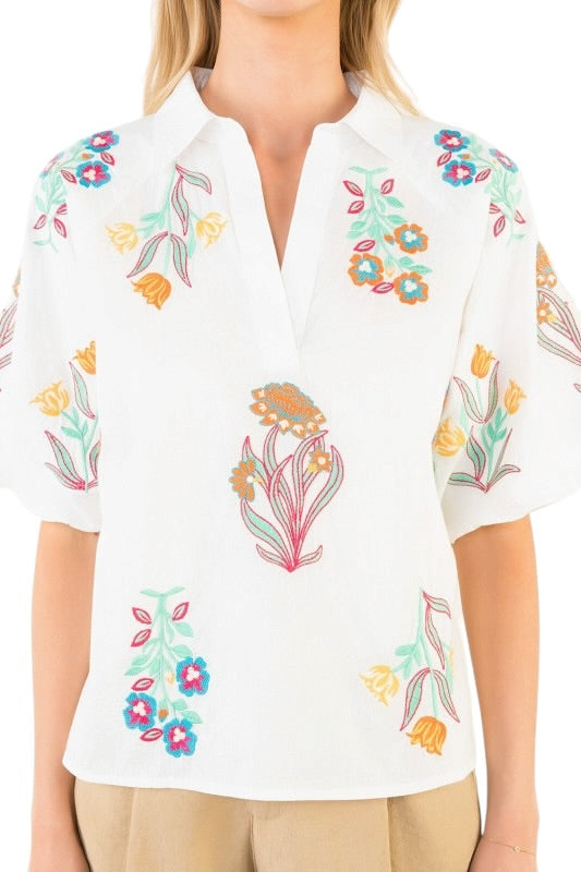 Embroidered Florals Collar Top