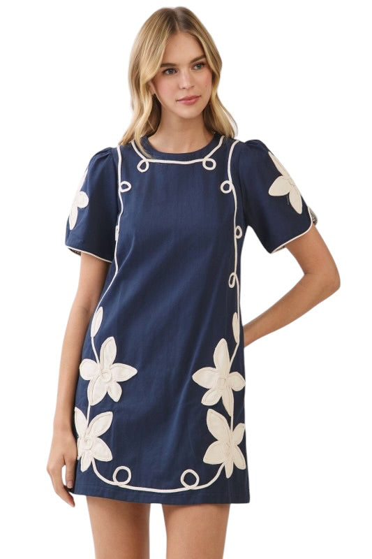 Floral Appliqué Shift in Navy