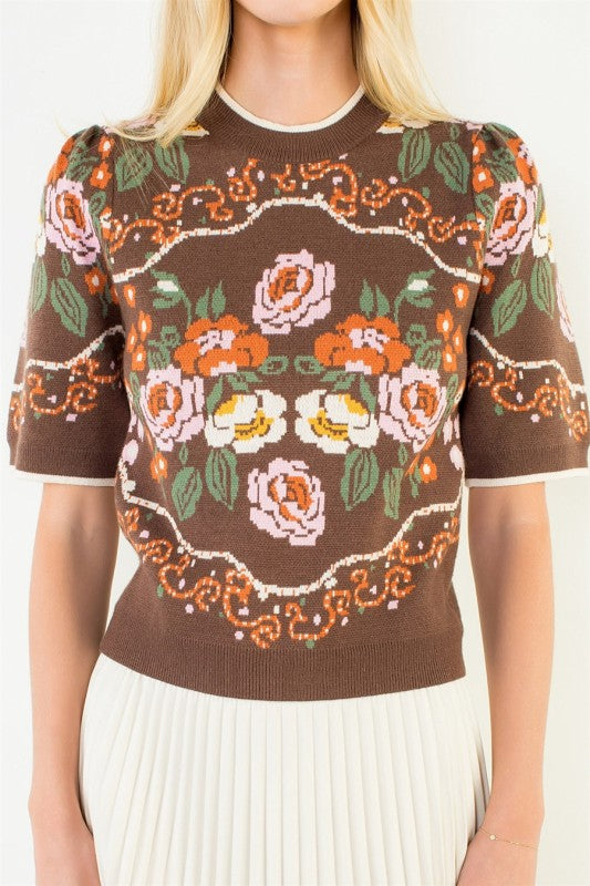 Chocolate Florals Short Sleeve Sweater