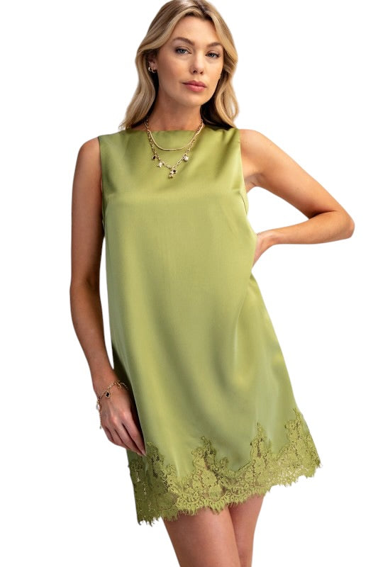 Silky Sleeveless Shift w/ Lace Detail