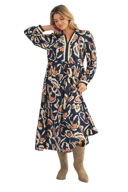 Navy & Orange Abstract Florals Midi