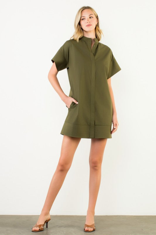 Stitched Poplin Shirt Dress in Olive
