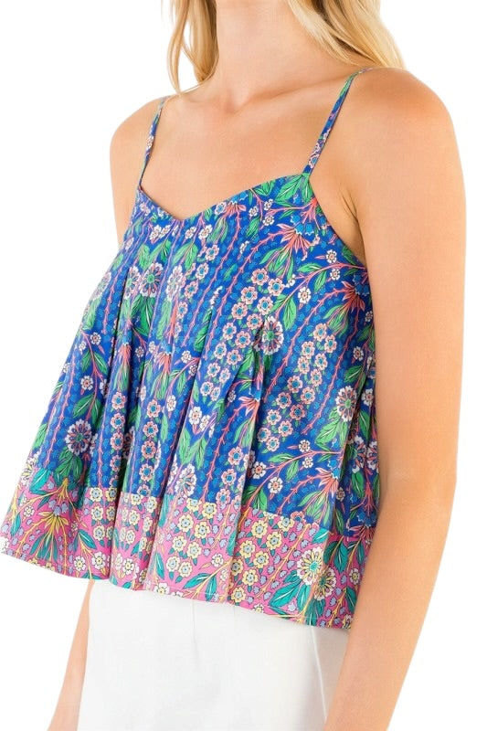 Blue Floral Stripe Spaghetti Strap Top