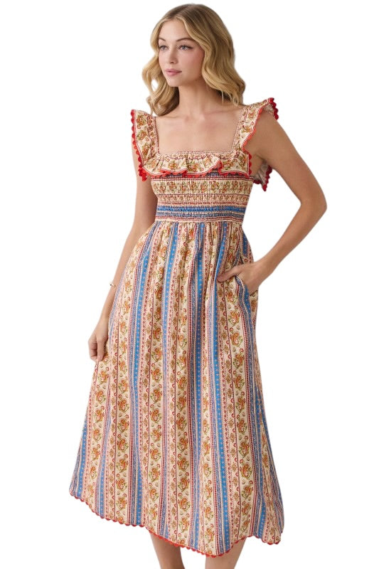 Blue & Rust Paisley Smocked Midi