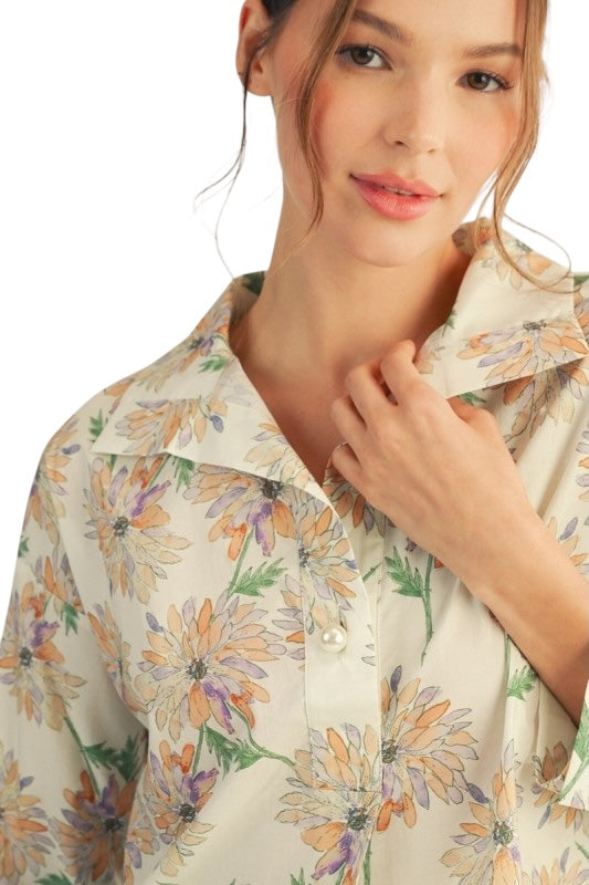 Pearl Button Floral Top- 2 Colors
