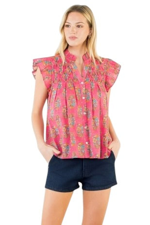 Pink Floral Flutter Sleeve Top