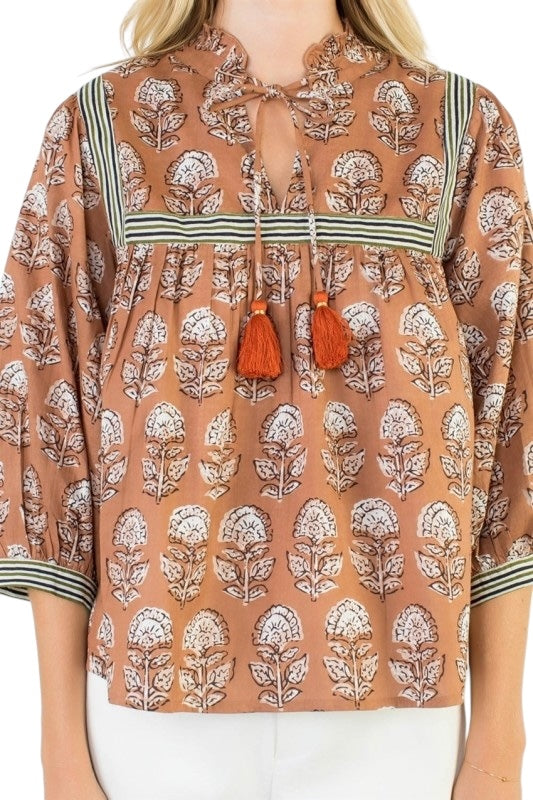 Brown BlockPrint Square Neckline Top