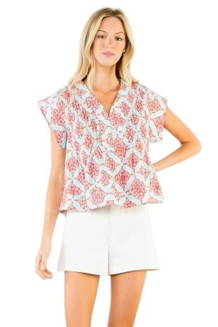 Red & Sky Blue Stitched Sleeve Top